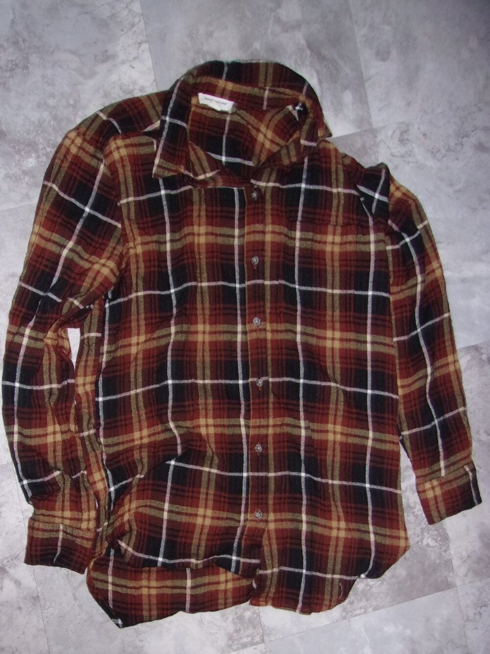 size small womens plaid flannel shirt brown tan button up soft fall gorpcore